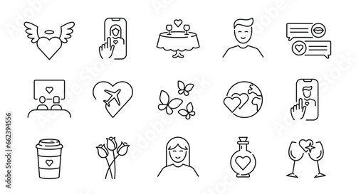 Love and Dating icons set. Love simple icons. 15 Romance icons isolated on white background. Valnetines day, Online dating, Dating icons. Vector illustration