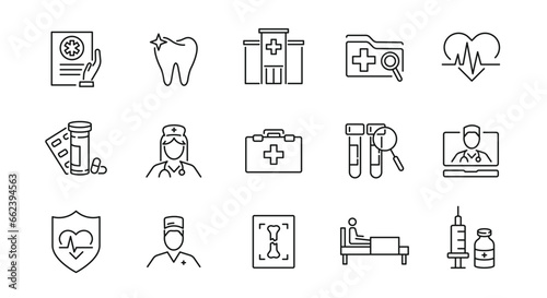 Healthcare icons set. Medical insurence simple icons. 15 Healthcare icons isolated on white background. Doctor, Patient, Injection, X-ray icons. Vector illustration