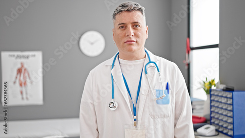 Young caucasian man doctor standing with serious expression at the clinic