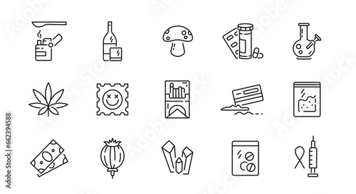 Drugs icons set. Drugs and addictions simple icons. 15 Drug icons isolated on white background. Marijuana, Mushroom, LSD, Extasy, Alcohol icons. Vector illustration