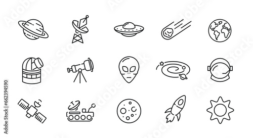 Space icons set. Space simple icons. 15 astronomy icons isolated on white background. Alien, Spaceship, Earth, Observatory, Satellite icons. Vector illustration