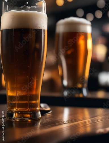 Glass of light beer in a bar or restaurant. Color illustration for design projects. Photo wallpaper, poster, illustration for the catalog. Generative AI.