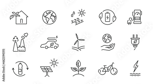 Eco simple icons set. 15 Environmental  icons isolated on white background. Alternative energy icons. Vector illustration