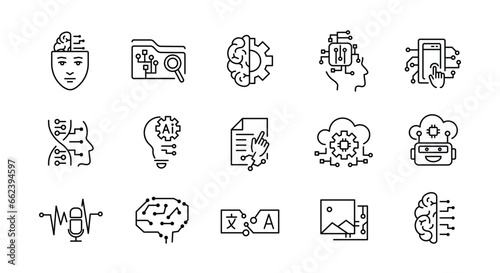 Ai simple icons set. 15 AI services icons isolated on white background. Chat, Robot, Brain icons. Vector illustration