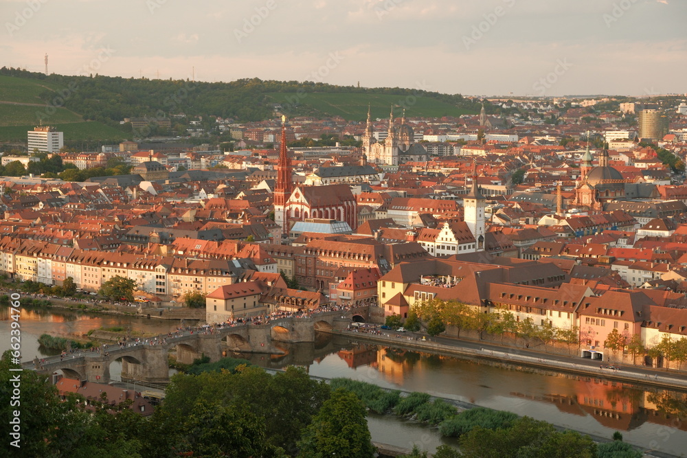 Sunset over the river Main and the streets from Würzburg in Germany.