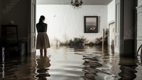 A woman inspects her flooded basement, surrounded by standing water and damaged belongings.
