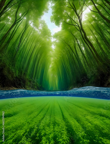 Green forest and flowing river water.