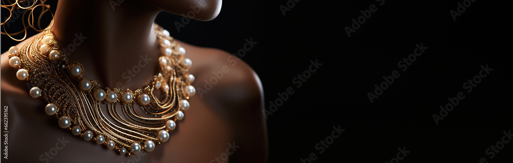 Obraz na płótnie Jewelry fashion banner, woman in luxury creative golden pearls jewels, glamour female african American model with beauty face makeup wearing expensive gold stylish Jewelry on black background. w salonie