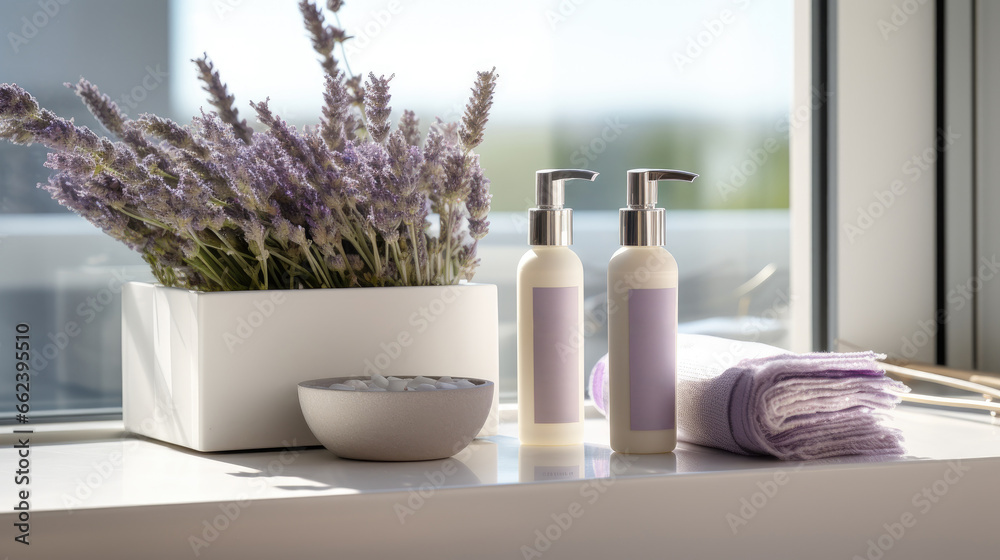 Natural and sustainable cosmetics. Sustainable beauty and care for the environment, on a modern bathroom counter next to a window, lavender bouquet. Generative AI