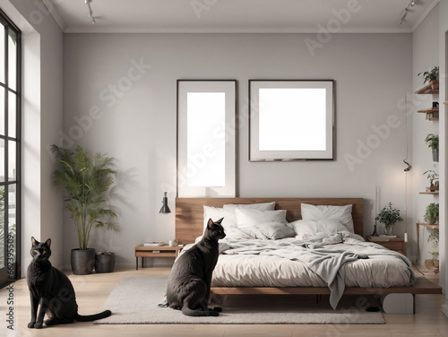 Two cats sitting on a bed in a modern bedroom interior. 3d rendering mock up