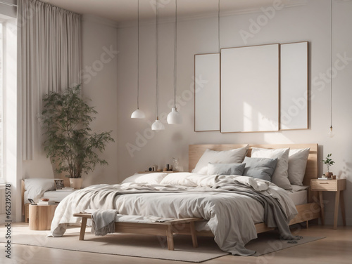 Interior of modern bedroom with white walls, wooden floor, comfortable king size bed and mock up poster frame. 3d rendering