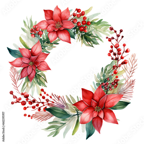 Watercolor Christmas wreath with evergreen fir tree and red berries isolated on white background