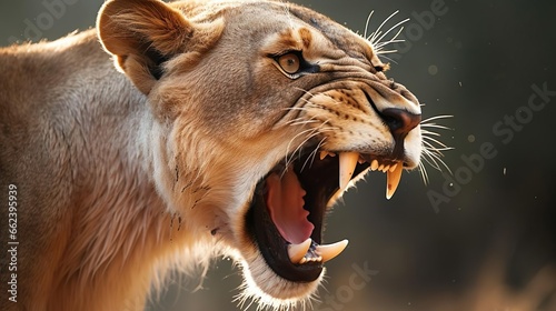 Leinwand Poster Lioness displaying dangerous teeth