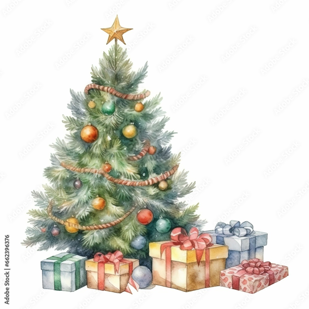 christmas tree with presents on an isolated white background
