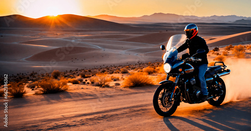 Motorcycle driver driving on a road in a remote desert during sunset. © Creative mind