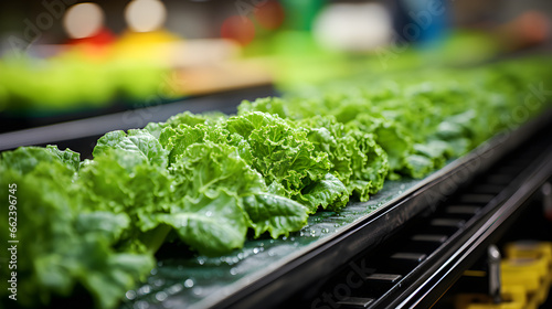 Row of lettuce and vegetables on a conveyor belt. Generative ai