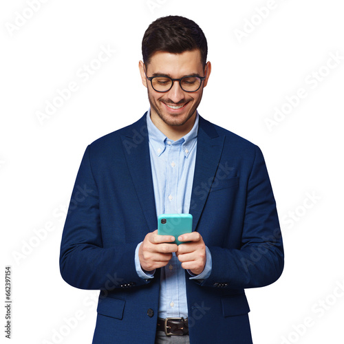 Φωτογραφία Businessman wearing blue suit and glasses, looking at smartphone screen, texting