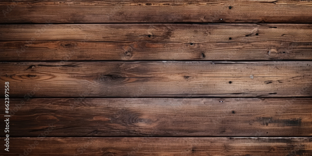 Fototapeta premium An aged, grunge-style wooden timber texture in rustic brown, suitable for backgrounds on walls, floors, or tables.
