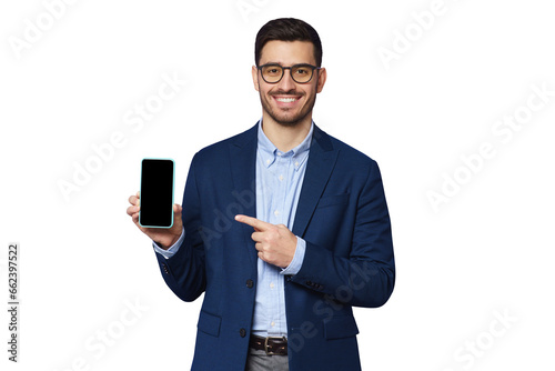 Young businessman showing blank phone screen and pointing to it with finger, copy space for your app photo