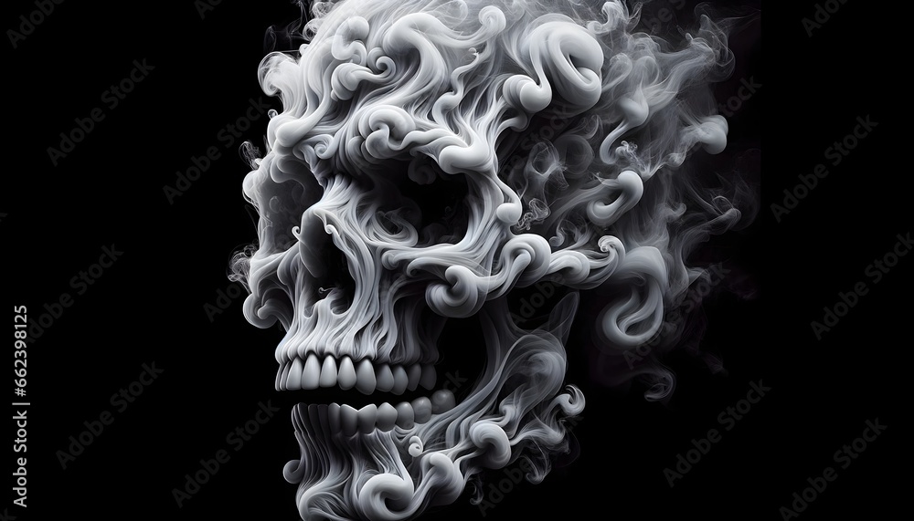 Artistic skull wrapped in swirls of white and grey smoke, evoking a sense of mystery, mortality and transcendence, against a black background. - obrazy, fototapety, plakaty 