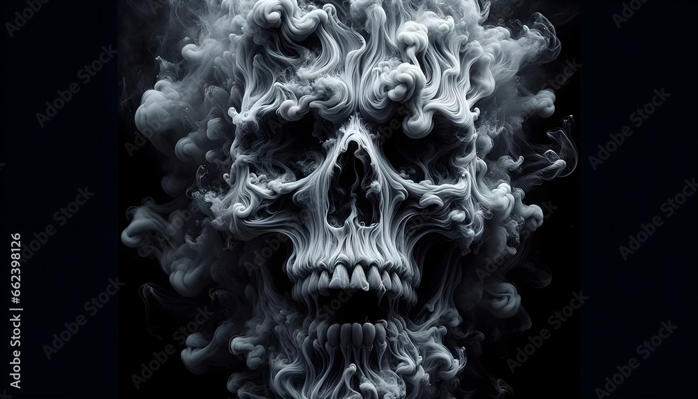 Artistic skull wrapped in swirls of white and grey smoke, creating a fascinating and mysterious image on a black background. - obrazy, fototapety, plakaty 