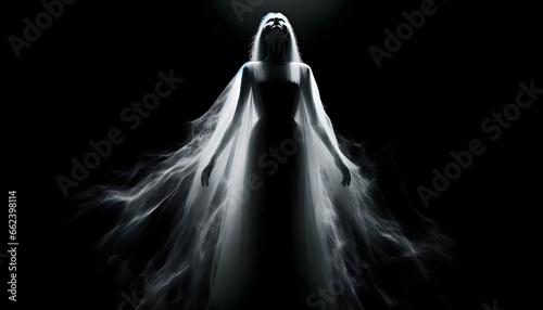 Ethereal figure of a woman wrapped in a translucent veil, floating, emanating a brilliant light against a black background, evoking mystery and spirituality.