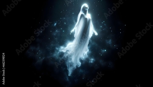 Ethereal silhouette of a luminous female figure floating in cosmic space, surrounded by twinkling stars and nebulae, evoking a sense of mysticism and transcendence.