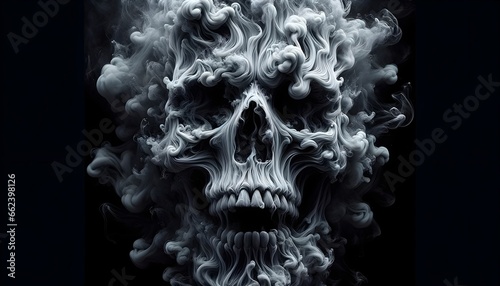 Artistic skull wrapped in swirls of white and grey smoke, creating a fascinating and mysterious image on a black background.