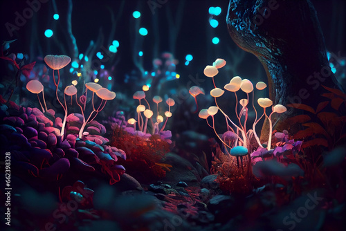 Fairy forest at night, fantasy glowing flowers and lights. Created with Generative AI technology #662398328