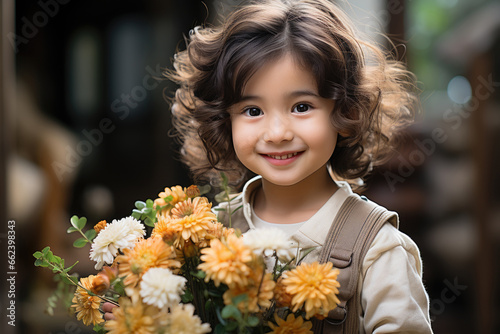 Little  asian girl with flowers bouquet in her hands © Exclusive 