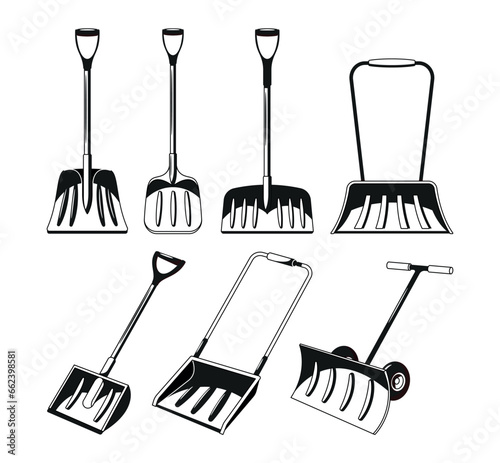 Black and White Snowplow Shovels Icons Set. Tools Designed To Conquer Winter White Blanket. Monochrome Illustration