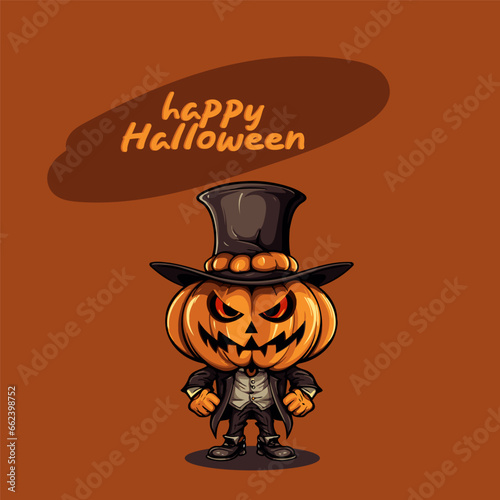 Halloween vector illustration of pumpkin in hat and costume for party invitation