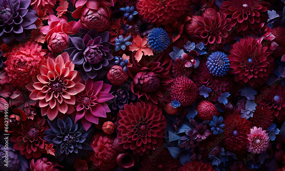 Dark red violet dahlia blooms creating a late fall mosaic. Dark red violet dahlia blooms creating a late fall mosaic.