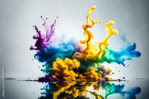 Colorful yellow  rainbow smoke paint explosion, color fume powder splash, motion of liquid ink dye in water, isolated on white background
