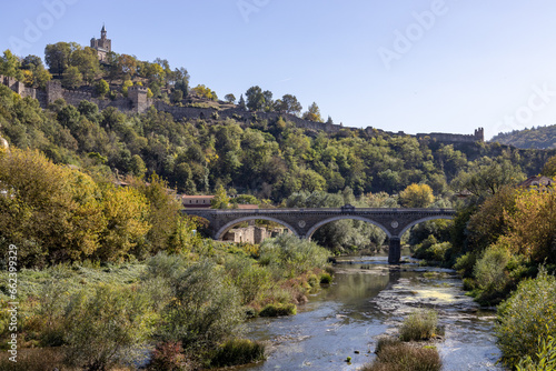 bridge over the river fortress in the background  The Cathedral of the Ascension of the Lord Tsarevets fortress and Tsar Boris III Bridge  Bulgaria  View form the Vladishki bridge