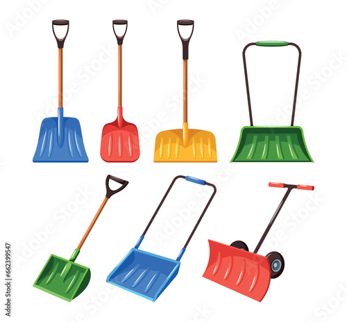 Snowplow Shovels Set, Sturdy, Efficient Tools Designed To Conquer Winter White Blanket, Cartoon Vector Illustration