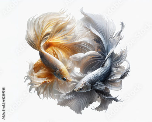 Silver and gold Betta swims beautifully against a white background, White and Yellow betta, AI Generative. © DSM