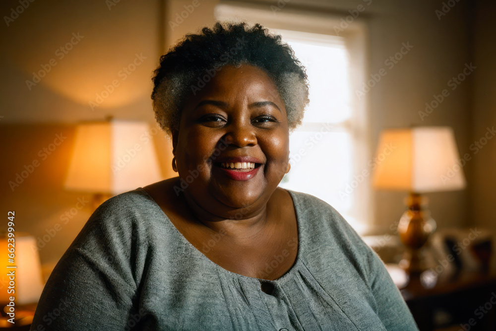 Fototapeta premium Portrait of laughing and cheering happy overweight senior black grandmother with satisfaction on face. Concept of body positive