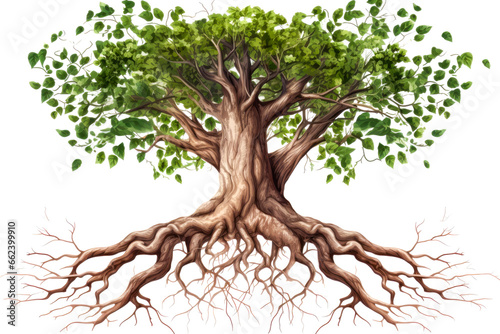 Big tree with roots and leaves isolated on white background.