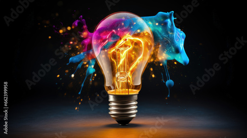 A creative light bulb exploding with colorful paint and splashes on a black background. Concept for thinking differently and creative ideas. © ImageHeaven