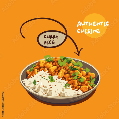 Indian cuisine vector illustration. Traditional Indian curry with rice and chickpeas.