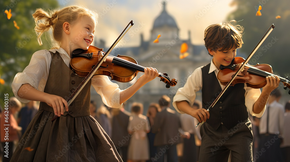 Girl and boy playing the violin in a park with a lot of people in the background
 - obrazy, fototapety, plakaty 