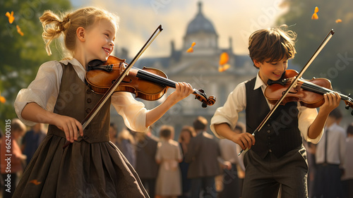 Girl and boy playing the violin in a park with a lot of people in the background
 photo