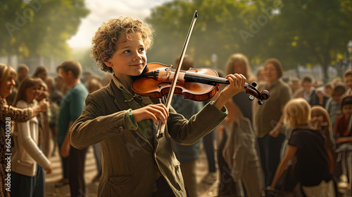 Smiling boy playing the violin in a park with many people in the background
 photo