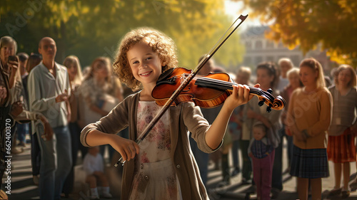 Girl playing violin in the park while people watch her