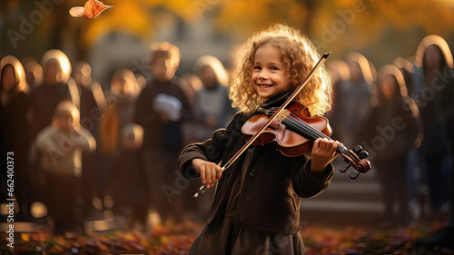 Little girl playing the violin in the park in front of a crowd of people photo