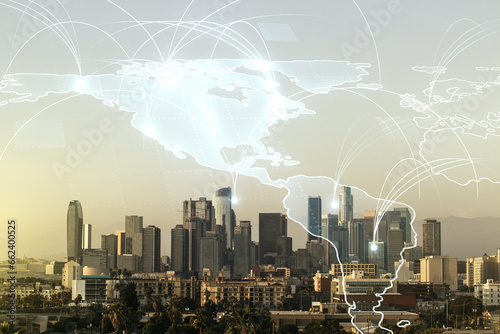 Double exposure of abstract digital world map hologram with connections on Los Angeles office buildings background, big data and blockchain concept