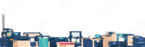 Seamless Pattern Featuring Printers And Plotters, Perfect For Tech-themed Designs. Repeating Image, Wallpaper Or Border