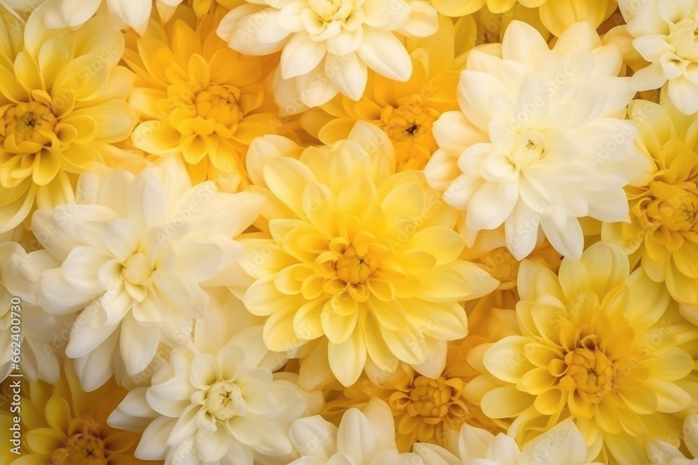 Flowers wall background. Fresh blooming flowers texture in yellow colors. Generative AI Flowers wall background. Fresh blooming flowers texture in yellow colors. Generative AI