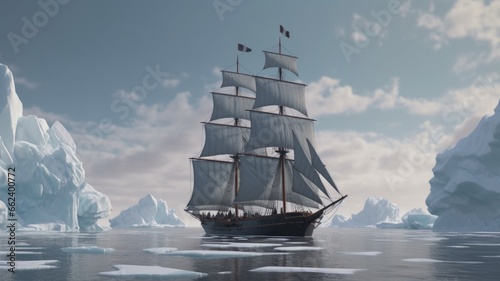 Tall ship ice waves snowy arctic ocean illustration picture AI generated art